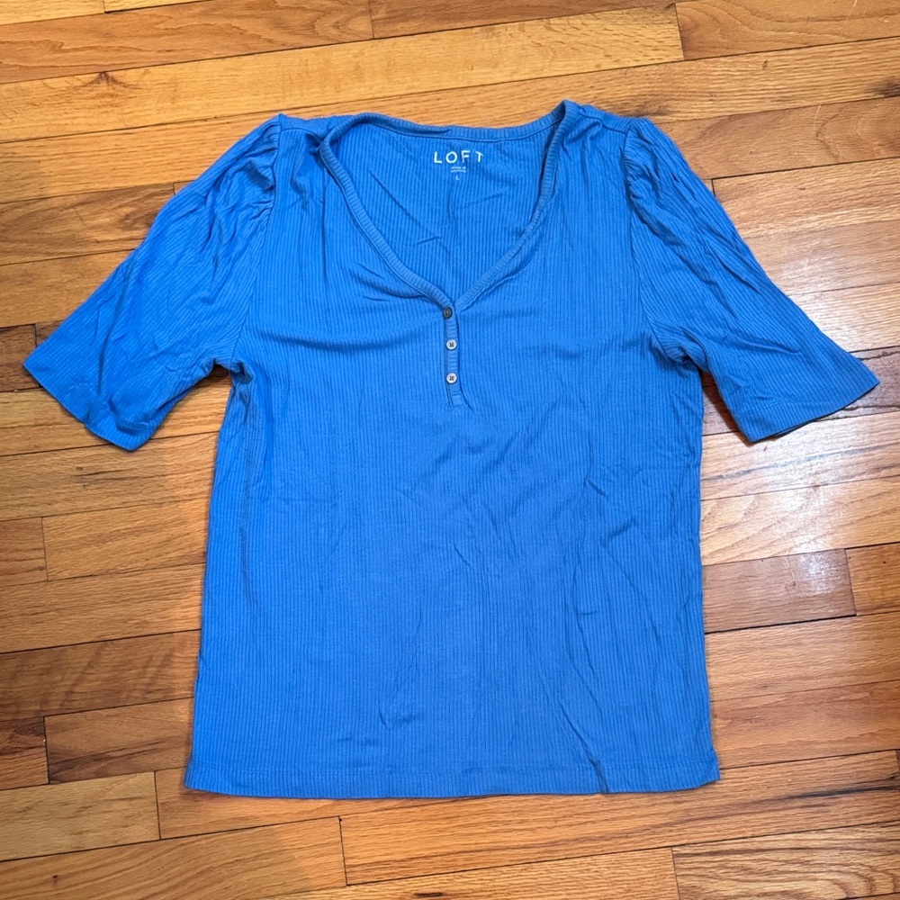 LOFT Short Sleeve Blue Buttoned Top